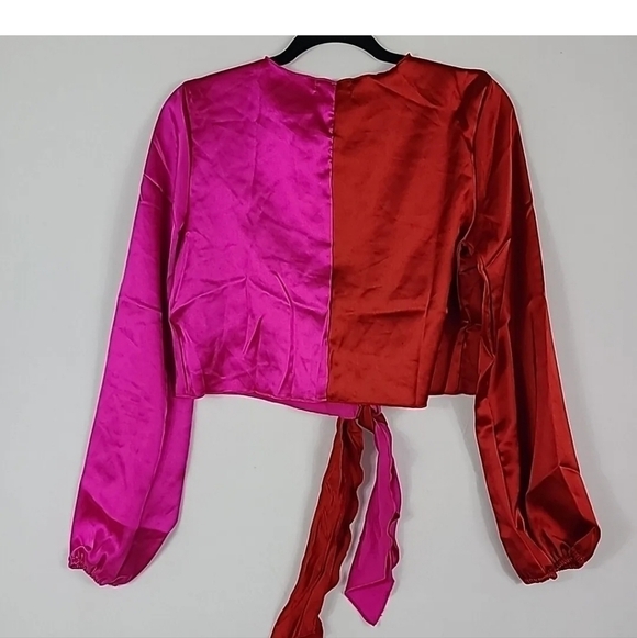 NEW JULIA by Love J Satin Red Pink Tie Front Crop Top Blouse Sz S - Picture 7 of 10